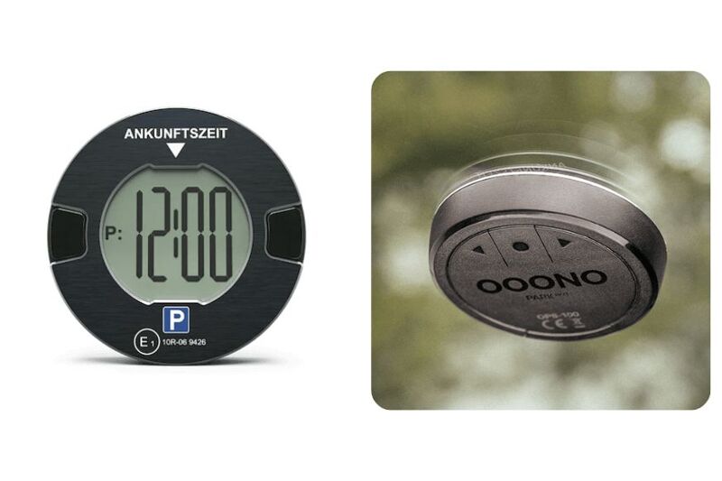 OOONO P-DISC No3 elektronische Parkscheibe an der Windschutzscheibe eines Autos angebracht